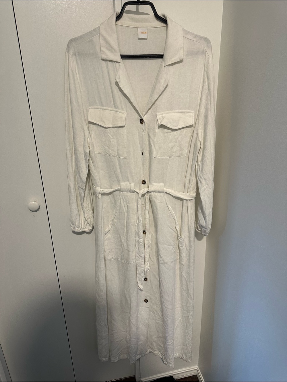 Women’s White Button-Front Shirt Dress with Tie Waist